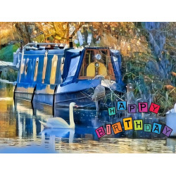 Moored Narrow Boat with Swan Birthday Card Moored Narrow Boat with Swan Birthday Card