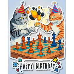 Cats Playing Chess Sticker Style Birthday Card Cats Playing Chess Sticker Style Birthday Card